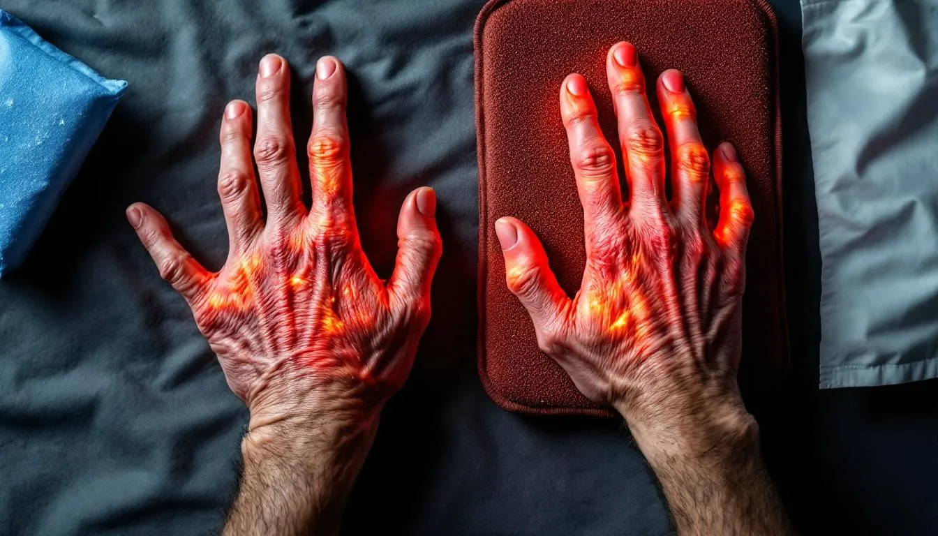A high-definition photograph illustrates the dual realities of arthritis: one side shows a swollen, inflamed hand, representing the intense arthritis pain, while the other side features a warm heating pad and an ice pack, symbolizing soothing therapies to relieve pain and ease joint stiffness. This image captures the struggle between heat and cold therapies in managing arthritis symptoms.