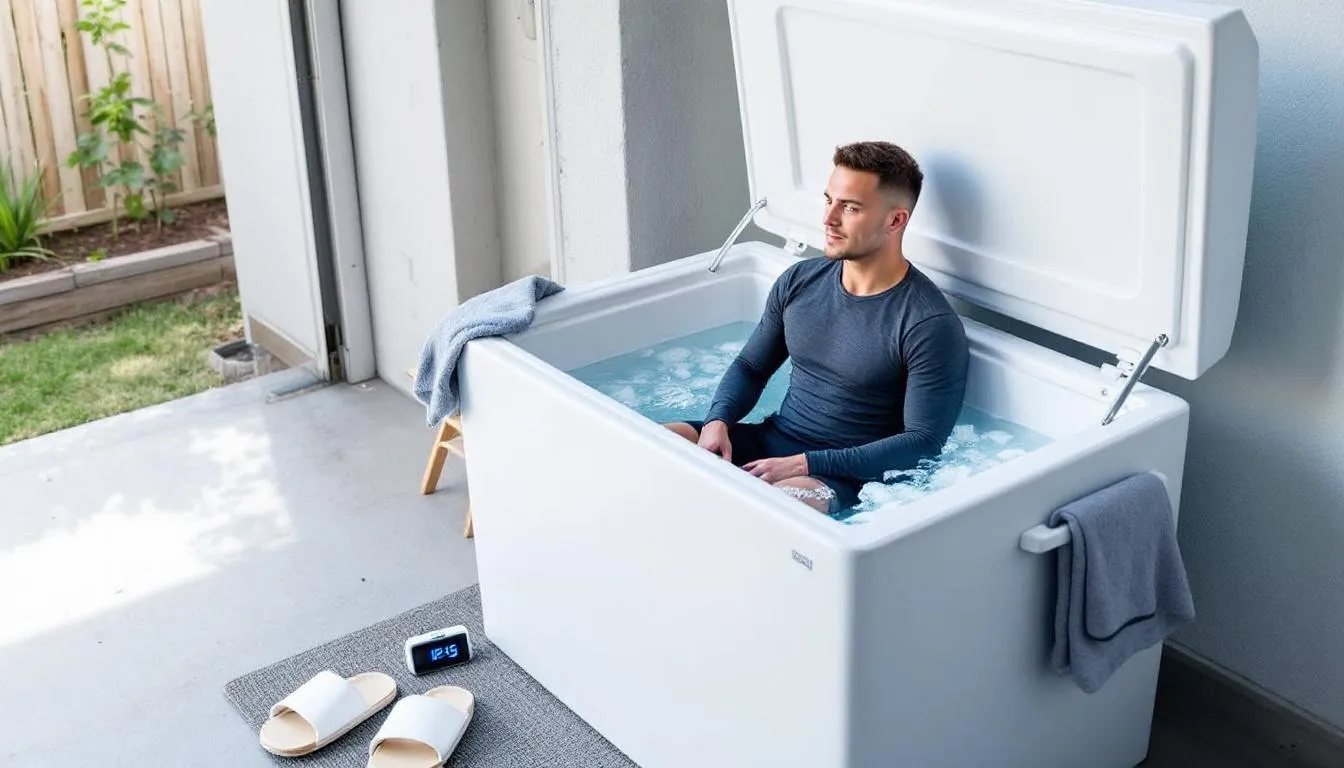 In an outdoor or garage setting, a large chest freezer is repurposed as a DIY ice bath, with its lid open to reveal clear water and floating ice. Nearby, a wooden step stool, a towel, a timer, and a pair of sliders create a practical and disciplined atmosphere, while a gender-neutral person sits calmly in the water, emphasizing the cold water immersion experience.
