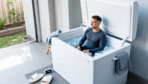 In an outdoor or garage setting, a large chest freezer is repurposed as a DIY ice bath, with its lid open to reveal clear water and floating ice. Nearby, a wooden step stool, a towel, a timer, and a pair of sliders create a practical and disciplined atmosphere, while a gender-neutral person sits calmly in the water, emphasizing the cold water immersion experience.