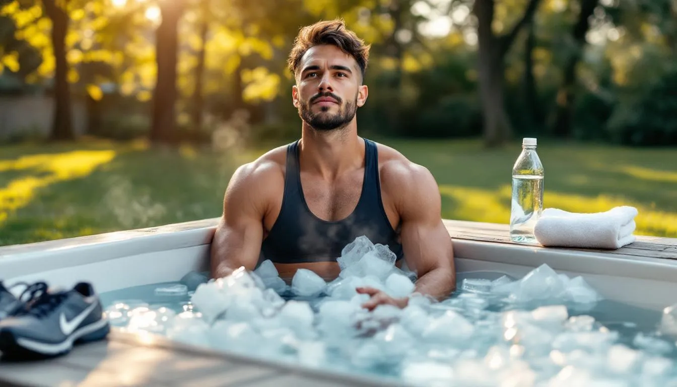 In a serene outdoor setting, a dedicated runner with an athletic build sits calmly in an ice bath filled with icy water and visible ice cubes, reflecting a mix of focus and relief as they recover from an intense workout. Nearby, running shoes, a towel, and a water bottle hint at their completed run, while the cool tones of the scene convey the benefits of cold water therapy for muscle recovery and inflammation reduction.