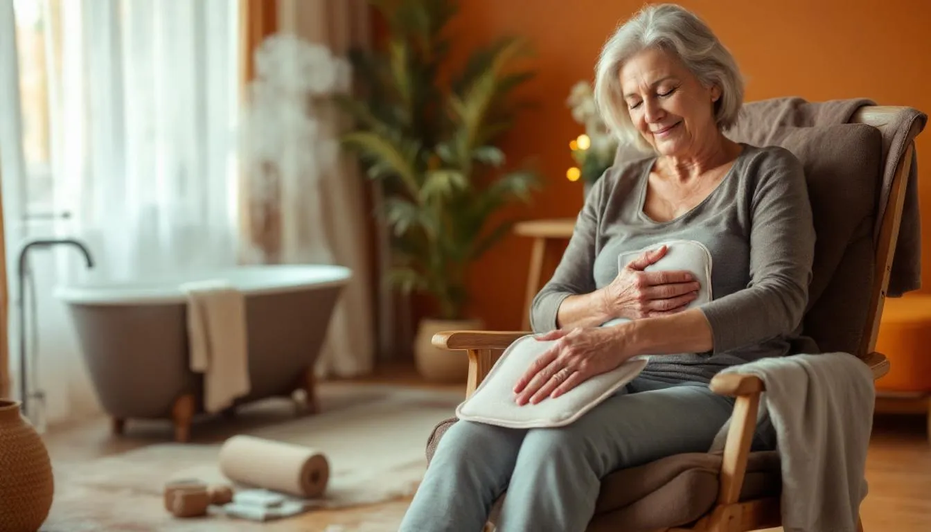 In a cozy, softly lit indoor space, a middle-aged person is seated comfortably while applying a moist heating pad to their knee, symbolizing heat therapy for arthritis. The warm tones of the room, along with a steaming bath and a nearby yoga mat, create an inviting atmosphere that conveys relaxation and the therapeutic intention of easing joint pain and stiffness.