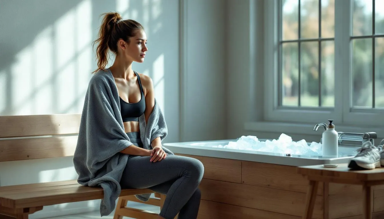 A fit, gender-neutral runner in their late 20s to early 40s sits peacefully beside an ice bath, wrapped in a towel, reflecting on their training session. The serene setting, filled with natural light, features elements like running shoes and a hydration bottle, emphasizing a calm post-run recovery routine that includes cold water therapy to aid in muscle recovery and reduce inflammation.