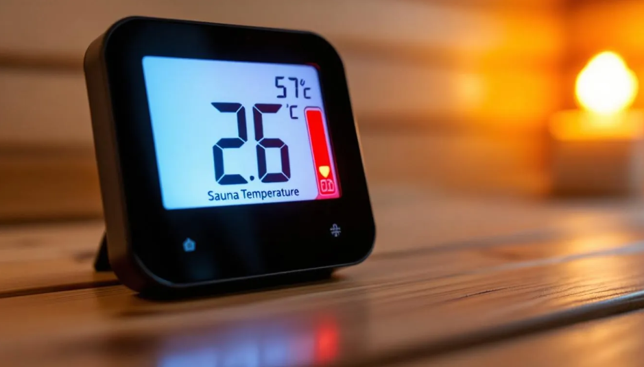 A digital thermometer displays the optimal temperature range for sauna bathing, typically between 150 to 195 degrees Fahrenheit, highlighting the importance of maintaining a suitable environment for health benefits such as improved circulation and reduced stress levels during a sauna session.