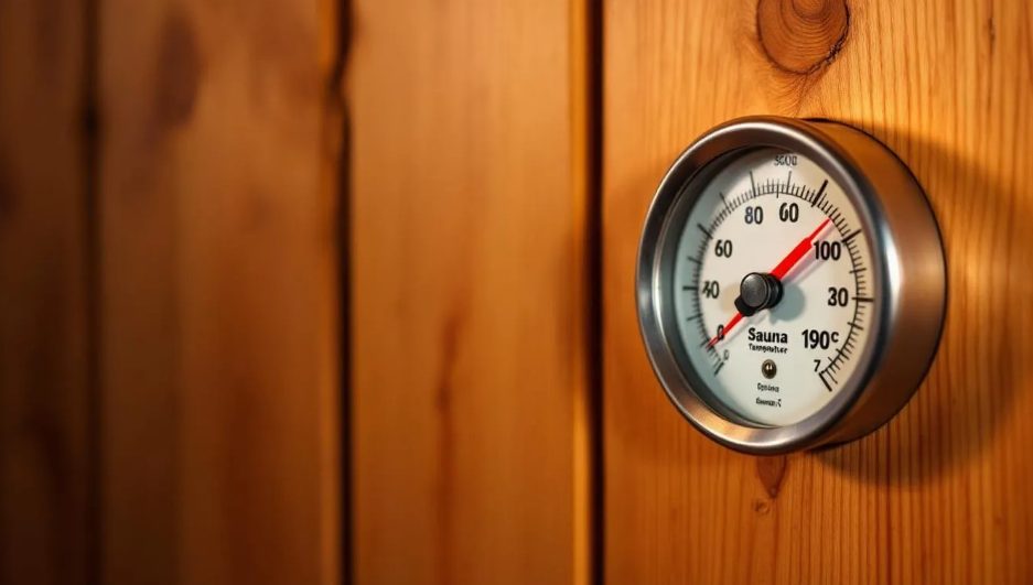 A traditional sauna thermometer displays the optimal temperature range for sauna sessions, indicating the best conditions for relaxation and health benefits. This thermometer is essential for experienced sauna users to ensure a safe and effective sauna bathing experience.