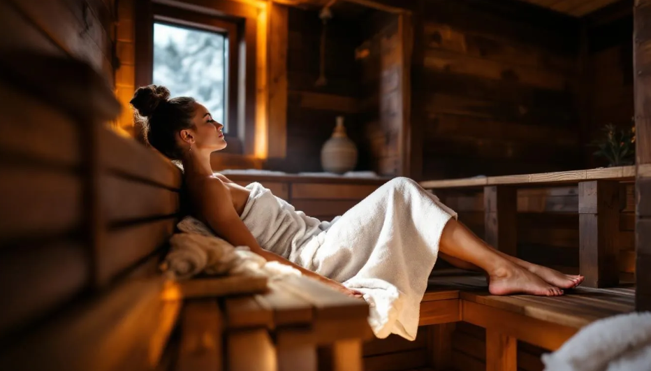 A person is relaxing peacefully in a traditional wooden Finnish sauna, surrounded by warm lighting that enhances the tranquil atmosphere, promoting stress relief and overall well-being during their sauna session. The serene environment is ideal for experienced sauna users seeking the health benefits of frequent sauna bathing.