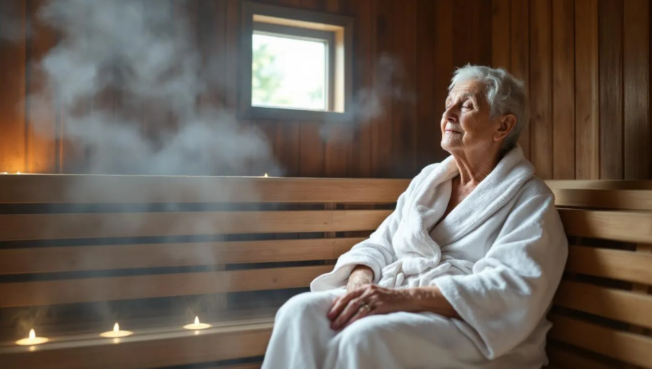 An elderly person sits peacefully in a wooden sauna, surrounded by gentle lighting that creates a calming atmosphere. This sauna session may offer potential benefits for managing rheumatoid arthritis symptoms, such as reducing inflammation and improving overall well-being through heat therapy.