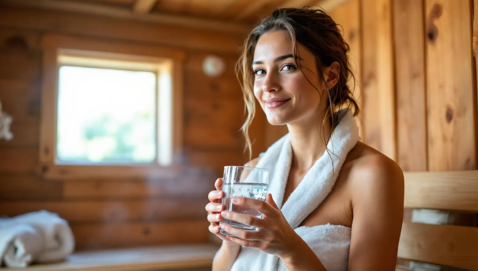 A person is seen drinking water from a clear glass, highlighting the importance of hydration after a sauna session to avoid dehydration and promote overall health. Staying hydrated is essential for experienced sauna users to reap the health benefits of sauna bathing.