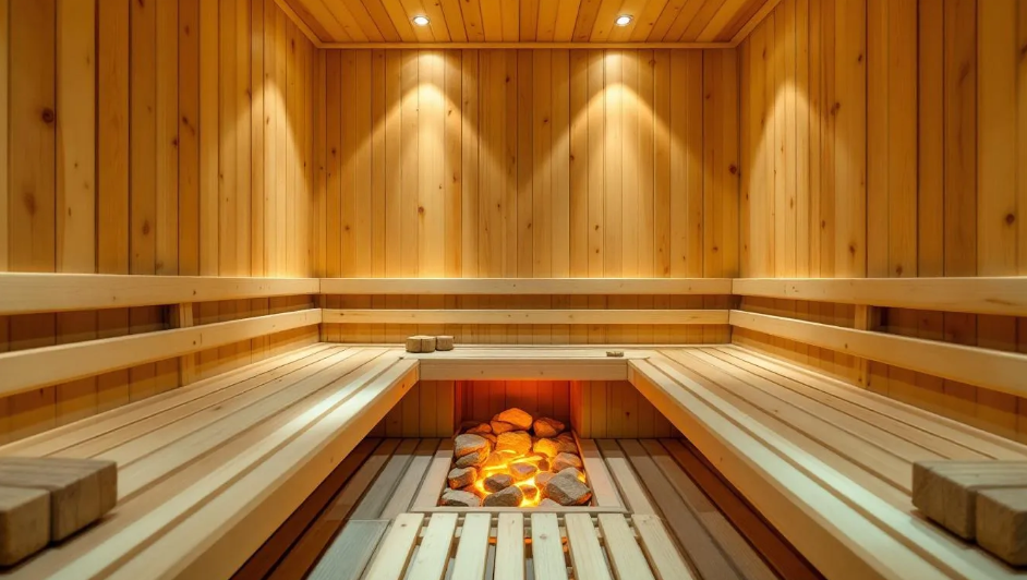 A traditional wooden sauna interior features warm wooden benches and heated rocks, creating a serene environment ideal for sauna bathing. This setting promotes relaxation and offers potential health benefits, such as improved cardiovascular health and stress reduction.
