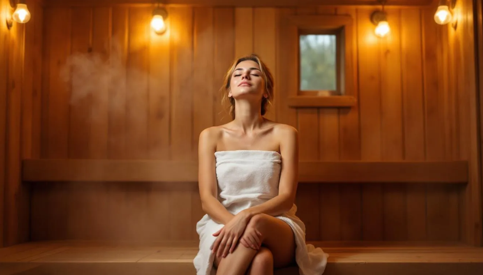 A person sits peacefully in a sauna, displaying a relaxed expression as they enjoy the heat and tranquility of the sauna room. This sauna session may offer various health benefits, including stress reduction and improved cardiovascular health.