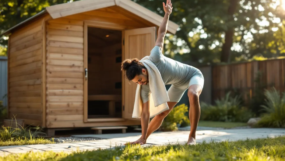 A person is performing gentle stretching exercises outside a home sauna, promoting relaxation and flexibility, which can be beneficial for managing rheumatoid arthritis symptoms and improving overall well-being. The scene highlights the connection between sauna use, heat therapy, and the potential benefits for joint pain and chronic conditions.