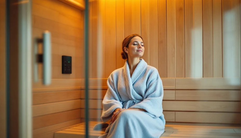 A person is sitting comfortably inside a modern infrared sauna cabin, surrounded by warm, glowing infrared light that promotes relaxation and improves blood circulation. This sauna session may offer potential benefits for managing rheumatoid arthritis symptoms, reducing inflammation, and enhancing overall well-being.