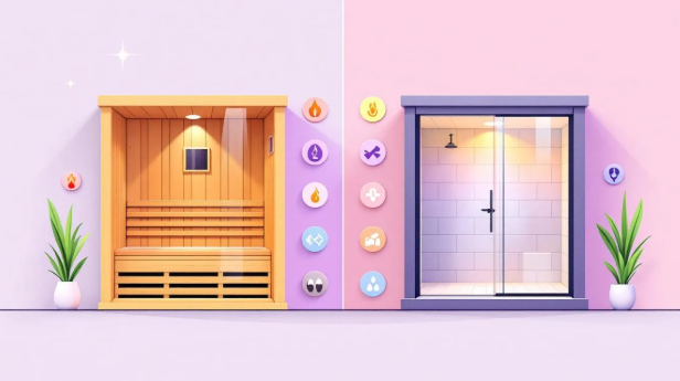 A serene environment promoting mental wellness and stress reduction through sauna and steam room use.