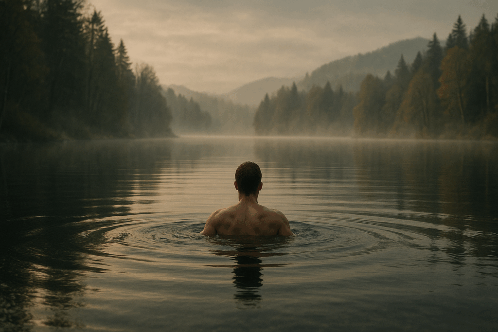 cold water swimming in a lake, energy boosting and good for mental health and well-being